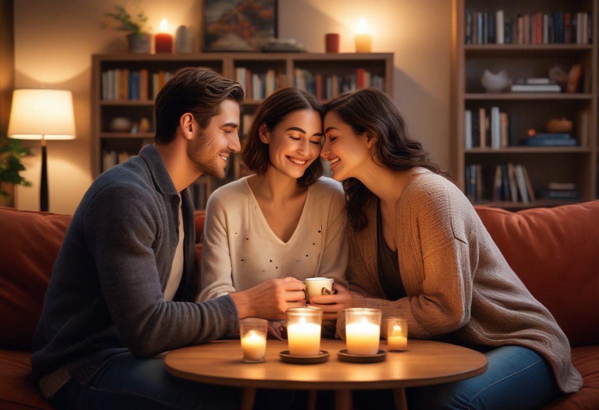 A couple sitting together in a cozy living room, smiling and sharing intimate moments while surrounded by warm, soft lighting. They are engaged in deep conversation, with coffee cups on a table and a bookshelf filled with relationship books in the background. Include symbols of love like hearts and intertwined hands subtly present in the decor. The atmosphere should feel inviting and warm. super-realistic. vibrant colors.
